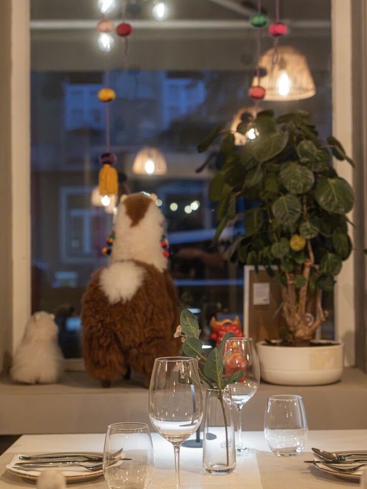 A janela da rua à noite, com uma lhama de peluche, uma planta e pompons pendurados, atrás de uma mesa posta.