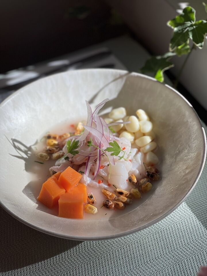 Ceviche num prato fundo à luz da janela, com batata-doce, milho branco, milho torrado, cebola roxa e coentros.